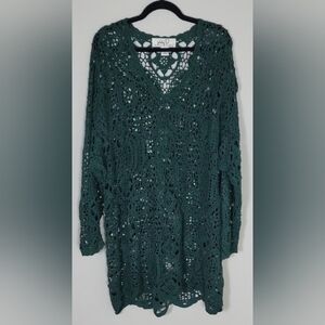 Vintage Kathryn Deene Crochet Knit Tunic Sweater Dark Green Size 18–20 Fairy